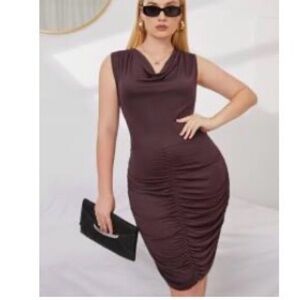 SHEIN Brown Sleeveless Ruched Cowl Neck Midi Dress